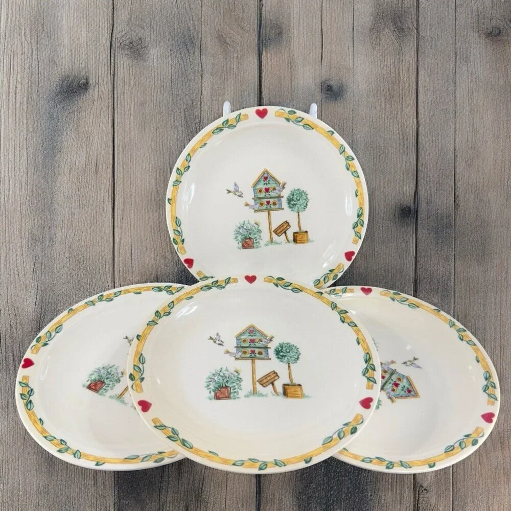 Thomson Pottery Birdhouse Plate Dish Birds Red Hearts Bluejay Set 4 Ceramic‎ 6in